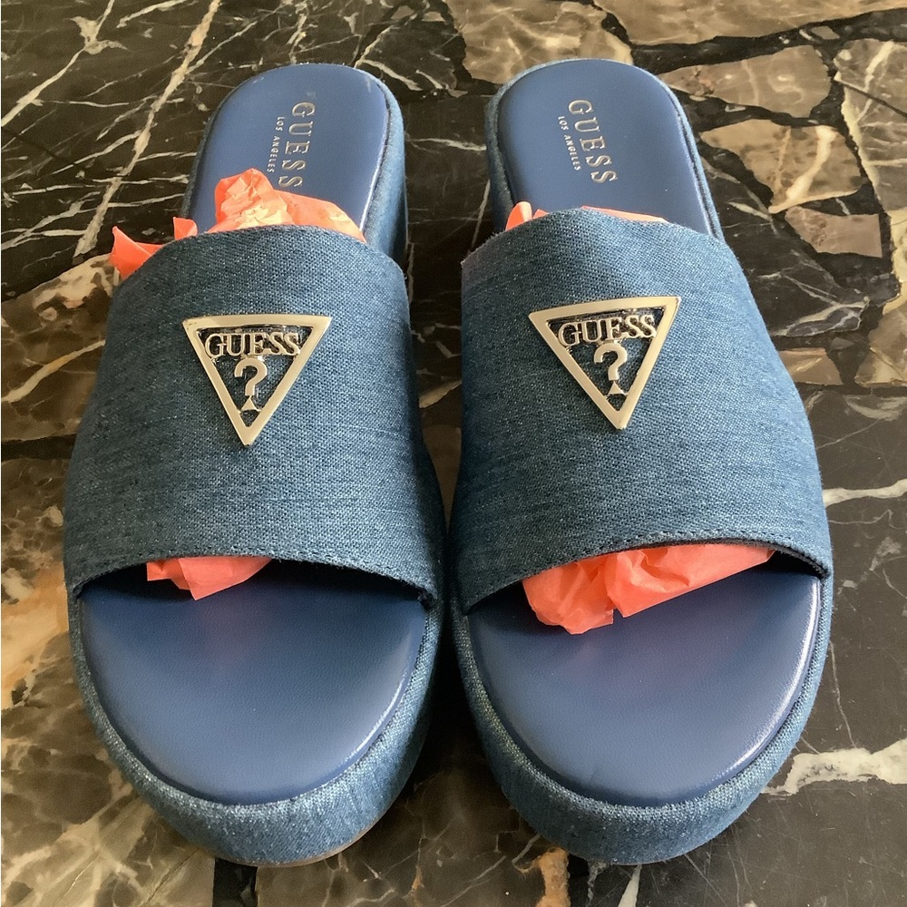 Guess vintage denim logo platform wedge sandals size 10